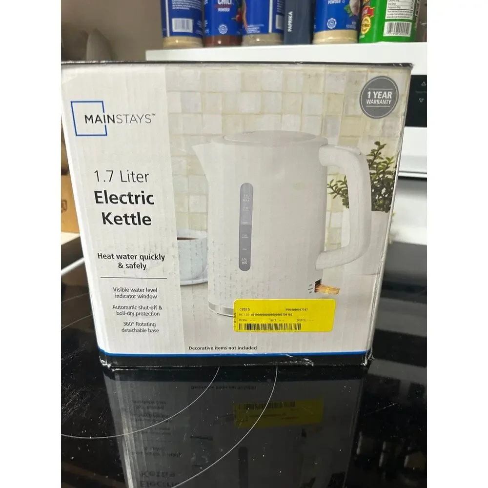 Mainstays 1.7L White Electric Kettle Auto Shut Off Boil Dry 360° Base New